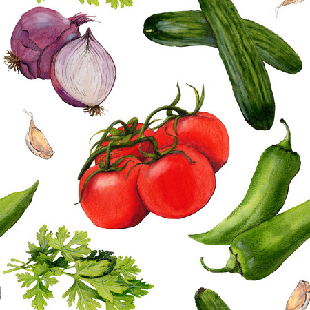 Watercolor pattern of vegetable isolated on white background . High quality illustration. Great picture for kitchen decor, menu and food illustrationの写真素材