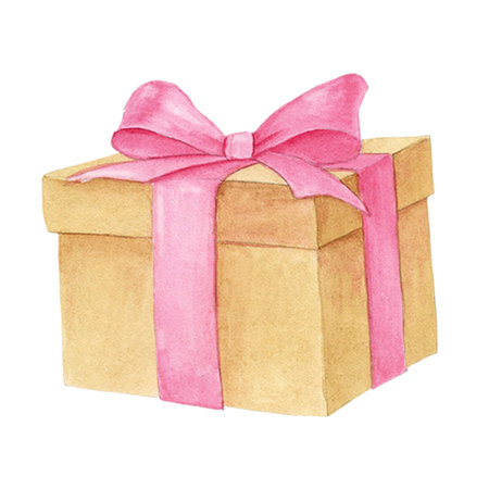Watercolor vintage beige gift box with pink bowの写真素材