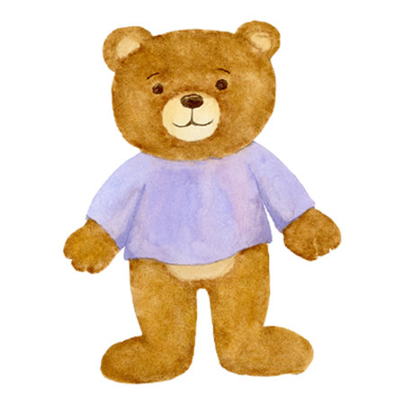 Watercolor fluffy teddy bear with lilac t-shirt.の写真素材