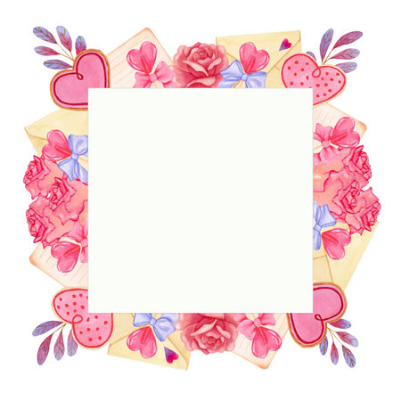 Watercolor frame with pink rose, heart-shaped cookies, pink and violet brunches and bowsの写真素材