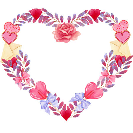 Watercolor heart-shaped frame of letters, heart-shaped candy stick, violet rose brunches and heartsの写真素材
