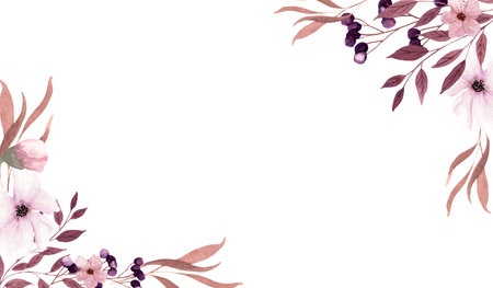 Fantasy brown and light purple leaves, flowers and berries frame by watercolor.の写真素材