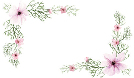 Fantasy light purple flowers and green twigs rectangle frame by watercolor.の写真素材