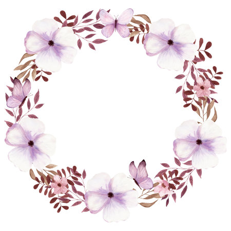 Fantasy brown and light purple twigs, butterfly and flowers wreath by watercolor.の写真素材