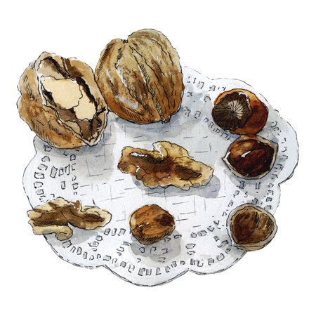Watercolor sketch of hazelnuts and walnuts on white napkins with nut shell.の写真素材