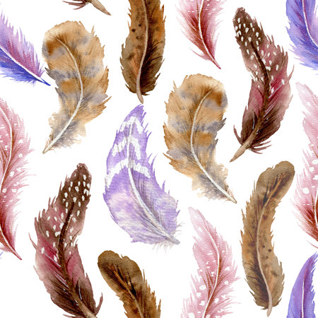 Seamless pattern of different color feathers with different vibrant by watercolorの写真素材
