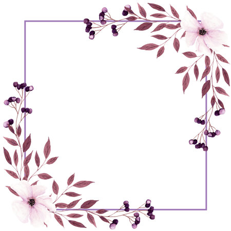Fantasy brown and light purple leaves, flowers and berries square frame by watercolor.の写真素材