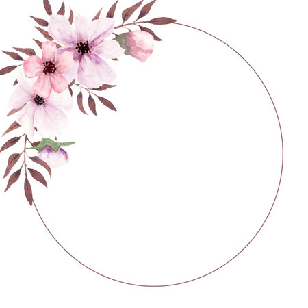 Fantasy brown and light purple twigs and flowers wreath by watercolor.の写真素材