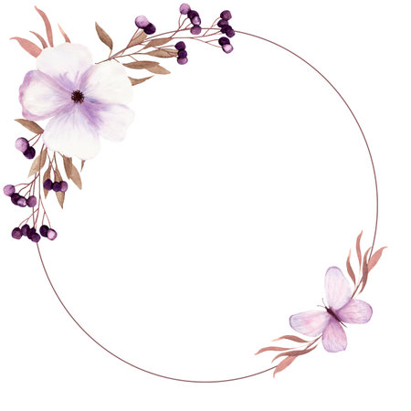 Fantasy brown and light purple twigs, butterfly, berries and flowers wreath by watercolor.の写真素材