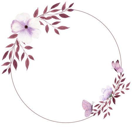 Fantasy brown and light purple twigs, butterfly, berries and flowers wreath by watercolor.の写真素材