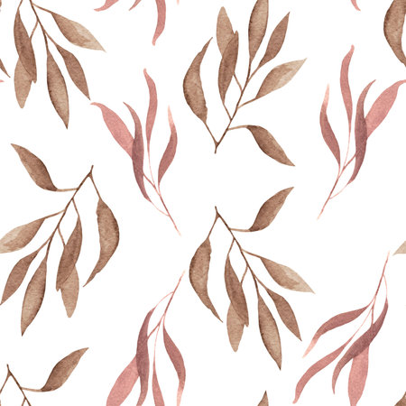 Seamless fantasy brown and light purple twigs and leaves pattern by watercolor.の写真素材