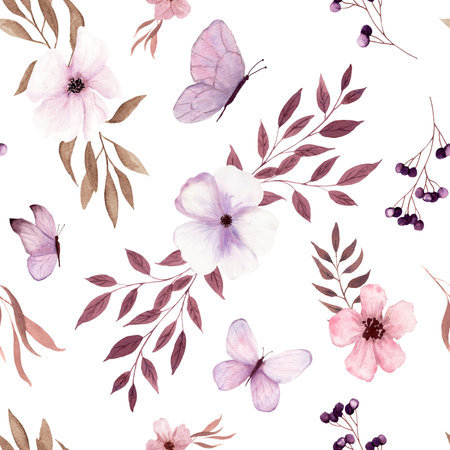 Seamless fantasy brown and light purple twigs, butterfly, berries and flowers pattern by watercolor.の写真素材