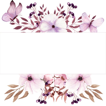 Fantasy light purple and light brown twigs, butterfly, berries and flowers frame by watercolor.の写真素材
