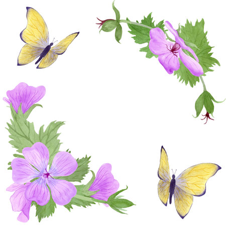 Corner square frame with light purple geranium maculatum flowers and butterflies by watercolorの写真素材