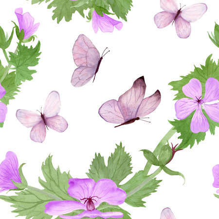 Seamless pattern with light purple geranium maculatum flowers , leaves and butterflies by watercolorの写真素材