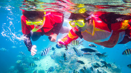 SURAT THANI, THAILAND - JULY 14, 2015: Two woman snorkeling in clear water and shooting fish.のeditorial素材
