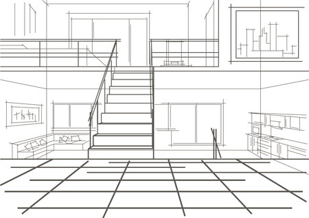 linear sketch of modern interior of a flat in tree levelsのイラスト素材