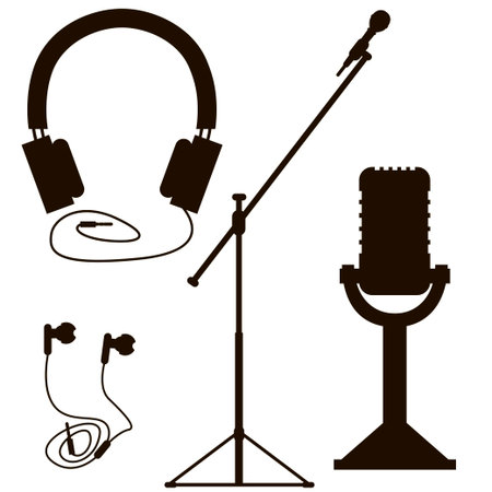 black silhouette of microphones and earphonesのイラスト素材