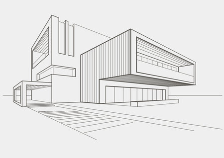 linear sketch of modern building on light gray backgroundのイラスト素材