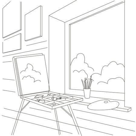Linear sketch interior of artist workshop near the windowのイラスト素材