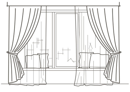Linear architectural sketch big window with curtains and cushionsのイラスト素材