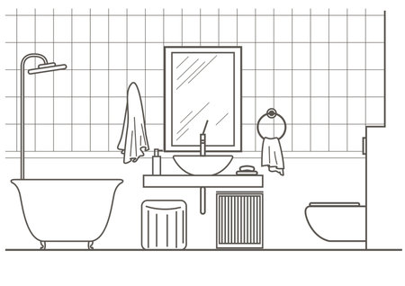 architectural linear sketch bathroom interior front viewのイラスト素材