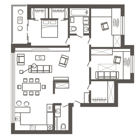 linear architectural sketch plan of three bedroom apartmentのイラスト素材