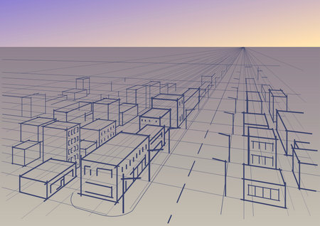 abstract linear architectural sketch city landscape coloredのイラスト素材