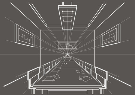 linear architectural sketch interior conference room on gray backgroundのイラスト素材