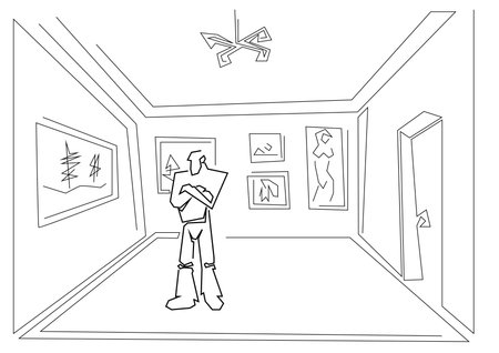 Linear sketch man looking at picture in gallery on white backgroundのイラスト素材