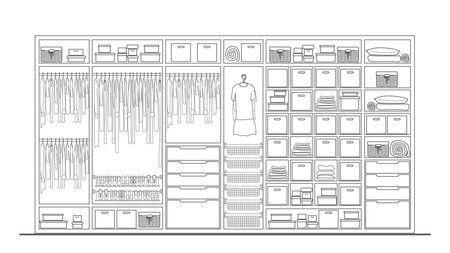 Linear front sketch wardrobe interior with filling on white backgroundのイラスト素材