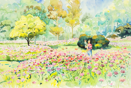 watercolor original landscape painting yellow, orange red and pink color of flowers garden in green and blue  backgroundの写真素材
