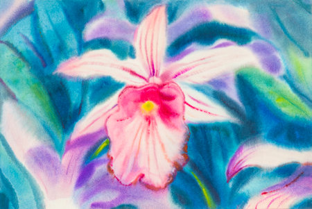 Abstract watercolor original painting pink color of orchid flower and green leaves in blue backgroundの写真素材