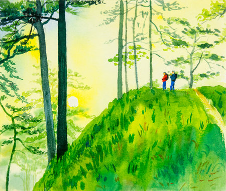 Watercolor original landscape painting colorful of mountain and emotion in blue background.の写真素材