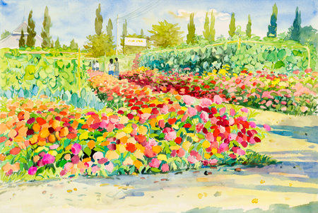 Watercolor landscape original painting colorful of flower garden  and emotion in blue backgroundの写真素材