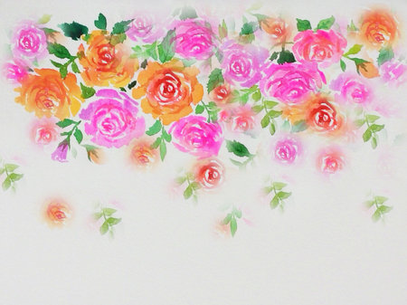Abstract watercolor painting pink,orange color of rose  flowers for greeting card  and green leaves in white background.の写真素材