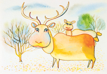 Watercolor illustration lovely  cartoon  of  deers and trees backgroundの写真素材