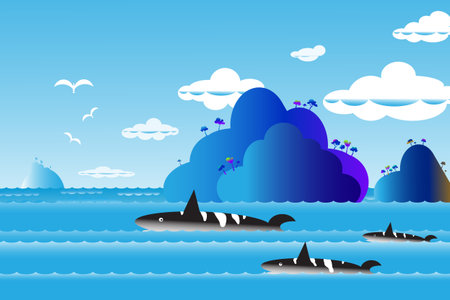 Vector illustration seascape background over sea with the whale family in water wave between archipelago, Blue color with fishes and the bird flying in sky cloud background at summer time.のイラスト素材