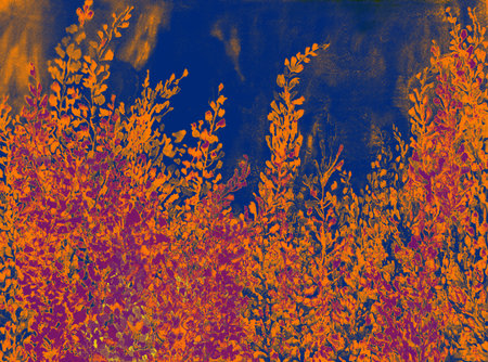 Abstract watercolor original landscape painting imagination colorful of beauty flowers and emotion in blue background.の写真素材