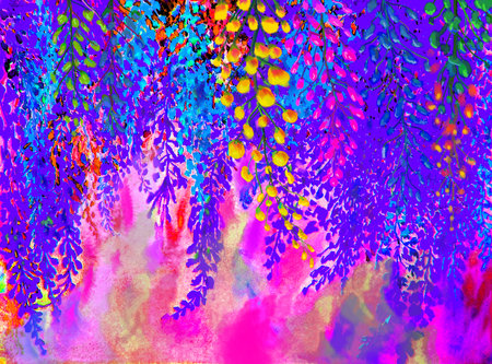 Watercolor painting colorful of abstract flowers and green leaves in white background.の写真素材