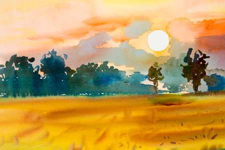 Watercolor  painting original landscape colorful of rice field with big tree in sunset and emotion in sky backgroundの写真素材