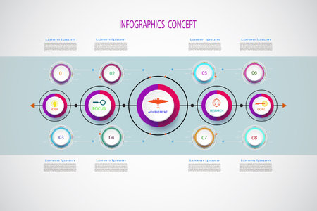 Vector infographic template with number 8 step, integrated circles. Business concept with options. For content, diagram, flowchart, steps, parts, timeline infographics, workflow layout, chart,Vector illustrationのイラスト素材