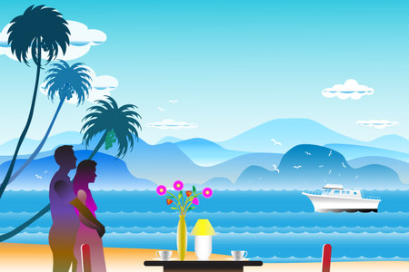 Vector illustration seascape background with the lovers near flowers on the table and water wave between archipelago, Blue color with yacht and the bird flying in sky cloud background at summer time.のイラスト素材