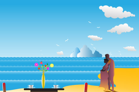 Traveling seashore with Pregnant mother for relaxing between the islands and blue sea with blooming flowers on the table and birds flying in the sky and clouds background in  summer,Vector illustrationのイラスト素材