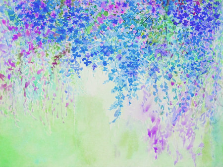 Abstract watercolor original painting purple,pink color of colorful  flowers  and green leaves of blue color background.の写真素材
