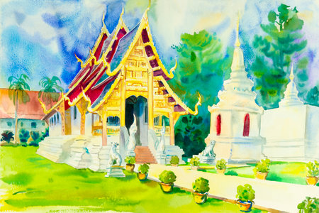 Religion  painting colorful of pagoda in temple and emotion in blue background,  Watercolor original painting.の写真素材
