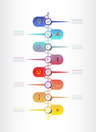 Vector Infographic timeline design with icons and 8 options steps,Business concept. Blank space for content, business, infographic,diagram, process diagram, template,element, network, flowchart, info.のイラスト素材