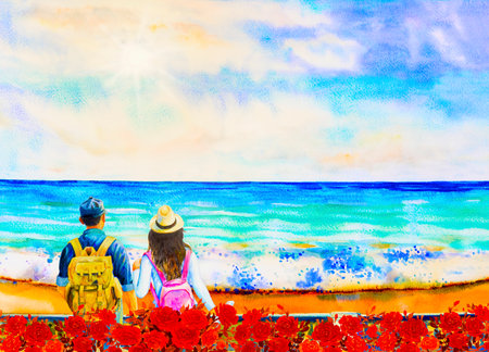 Watercolor painting seascape of couple Man and woman travel with backpack. Ocean travel lifestyle concept adventure active summer. During the day of love,  illustration, copy spaceの写真素材