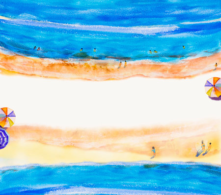 Painting watercolor seascape Top view colorful of lovers, family summer holiday and tourism in summery,multi colored umbrella,soft color beach background. Hand brush texture, abstract illustration.の写真素材