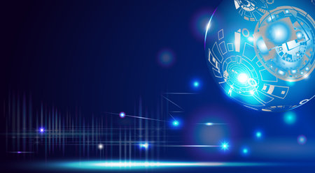 Technology of the digital world has never ceased to exist. in dark blue background of space and imagination to time machine in the future. Abstract space background with 3D digital light effect.のイラスト素材